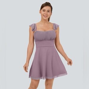 New Halara Airy Softlyzero Ruffle Backless Lace Mesh Flare Mini Dress Elderberry